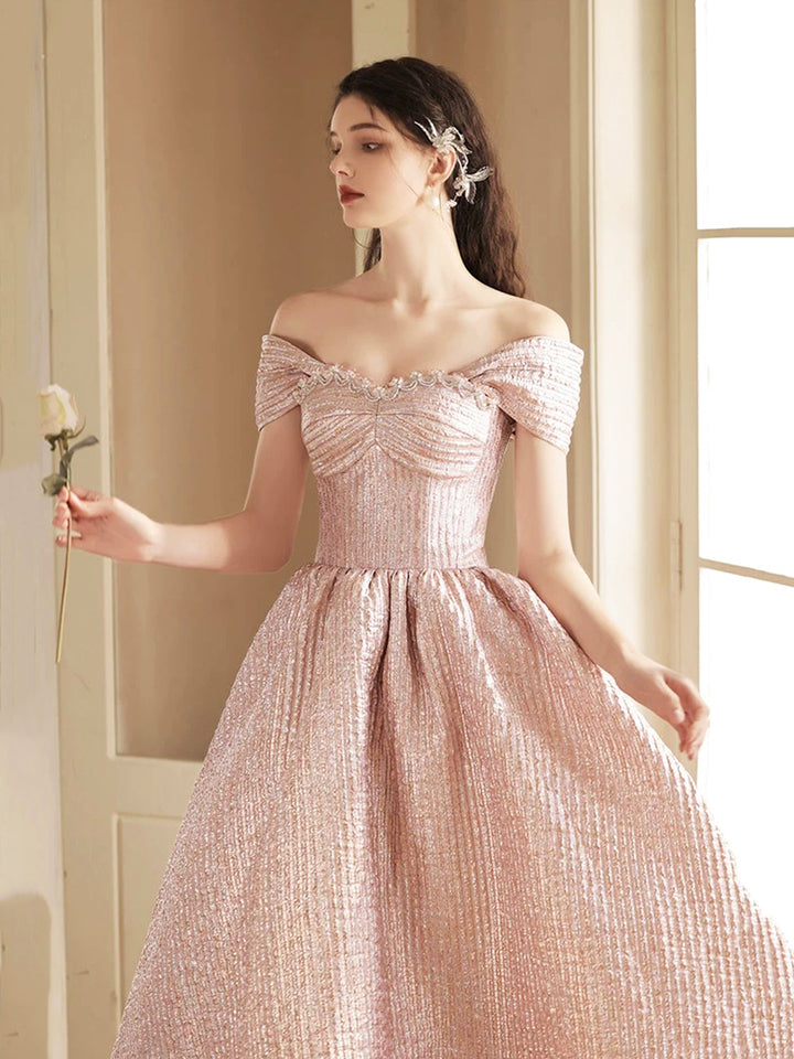 Luolandi Cute Satin Tea Length Prom Dress Off the Shoulder Pink A-Line Party Dress Beautiful