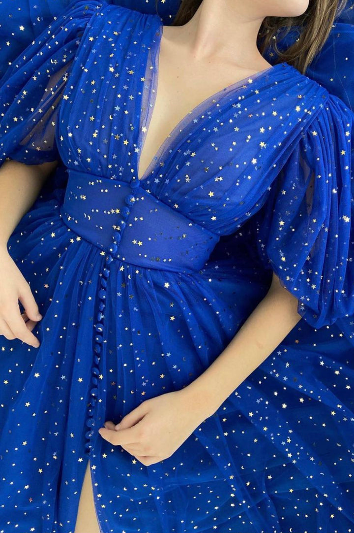 Luolandi Cute V-Neck Tulle Prom Dresses A-Line Graduation Homecoming Dresses Sparkly