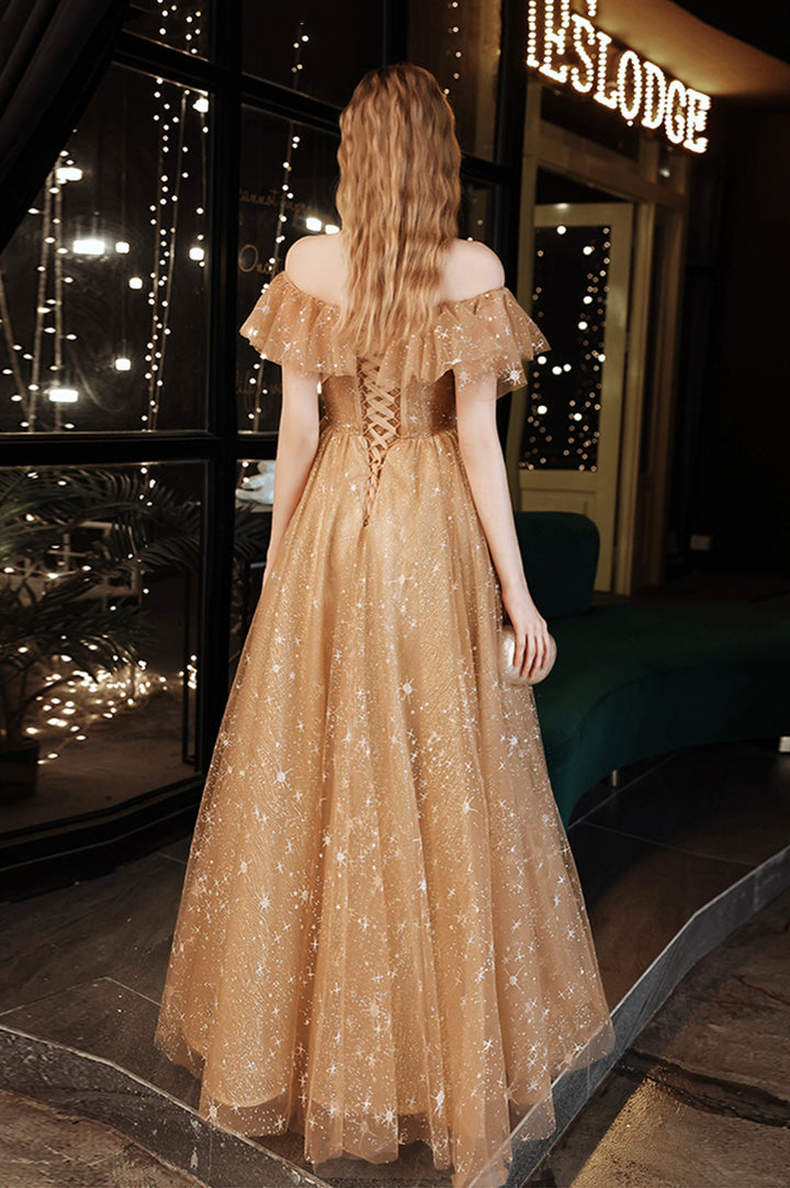 Luolandi A-Line Tulle Off the Shoulder Prom Dress Cute Evening Party Dress Sparkly