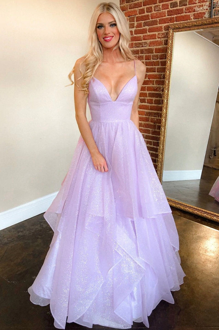 Luolandi Purple V-Neck Tulle Long Prom Dress A-Line Evening Party Dress Sexy