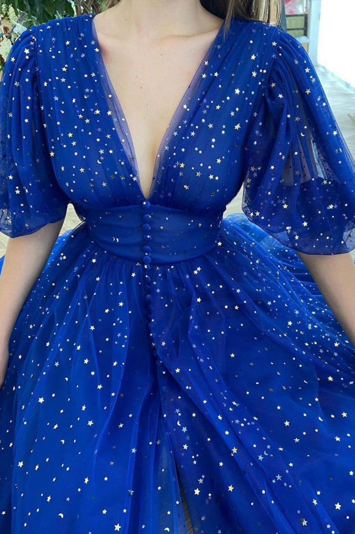 Luolandi Cute V-Neck Tulle Prom Dresses A-Line Graduation Homecoming Dresses Sparkly