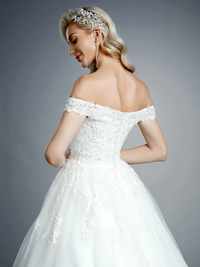 Luolandi Ball Gown Wedding Dresses Off Shoulder Court Train Lace Tulle Short Sleeve Romantic Sparkle & Shine with Beading