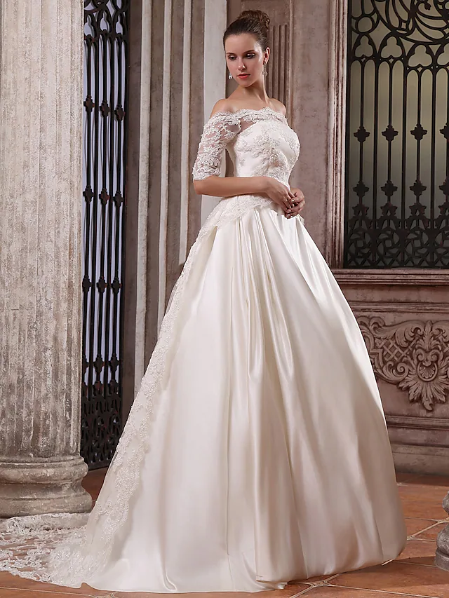 Luolandi Ball Gown Wedding Dresses Scalloped-Edge Off Shoulder Court Train Satin Half