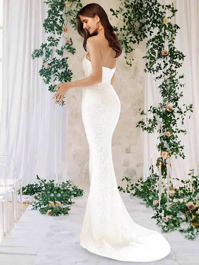 Luolandi Wedding Dresses One Shoulder Court Train Detachable Satin Sequined Sleeveless Country Romantic Sparkle & Shine