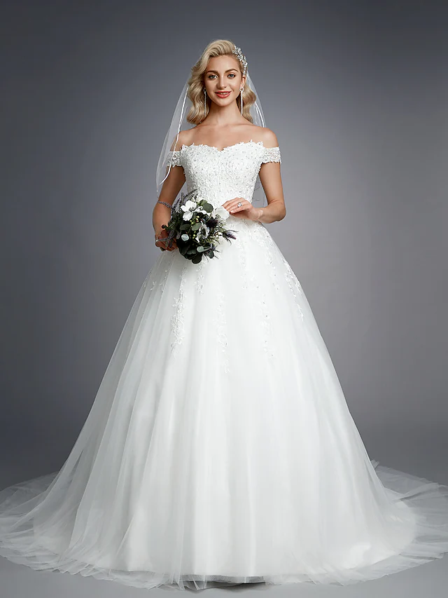 Luolandi Ball Gown Wedding Dresses Off Shoulder Court Train Lace Tulle Short Sleeve Romantic Sparkle & Shine with Beading