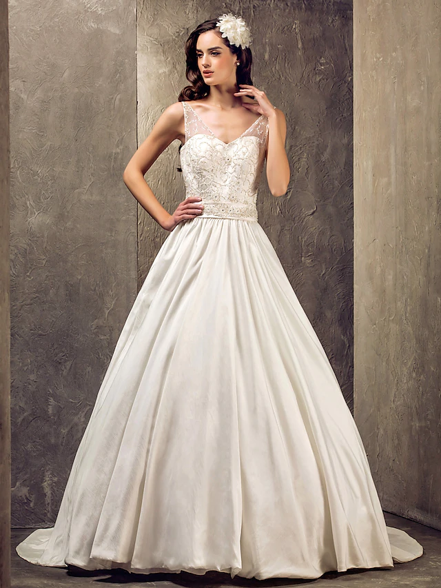 Luolandi Princess A-Line Wedding Dresses V Neck Lace Taffeta Sleeveless Long