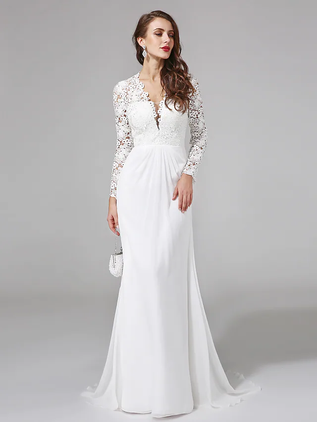 Luolandi Wedding Dresses V NeckChiffon Floral Lace Long Sleeve Romantic Boho Illusion Sleeve with Lace