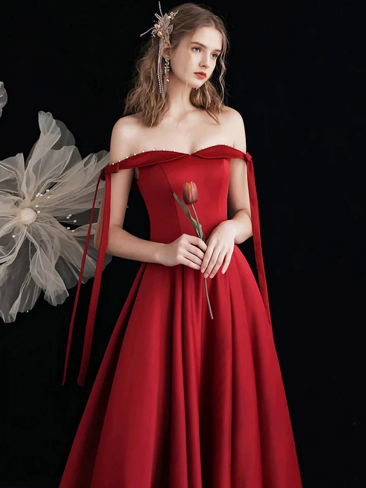 Luolandi Burgundy Satin Long Prom Dress Beautiful A-Line Off the Shoulder Evening Party Dress Sexy