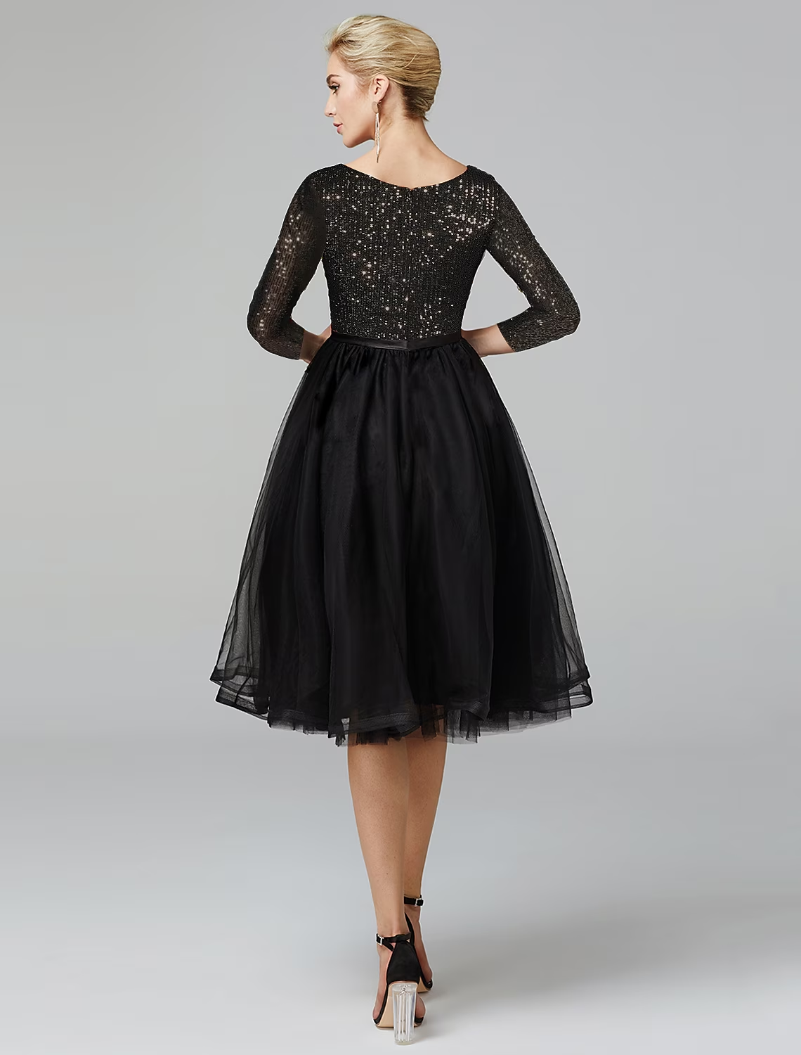 Luolandi A-Line Cocktail Dresses Sparkle & Shine Dress Formal Tea Length 3/4 Length Sleeve Jewel Neck Tulle with Sequin