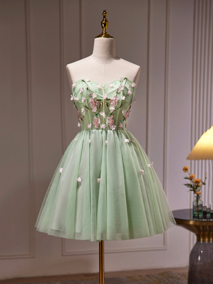 Luolandi Green Tulle Beaded Party Dress Green Short Prom Dress with Flowers Homecoming Dresses