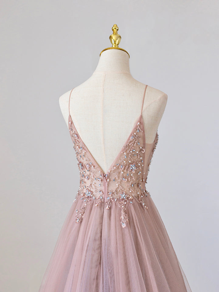 Luolandi Pink V-Neck Tulle Long Prom Dress with Beaded Spaghetti Strap Evening Dress