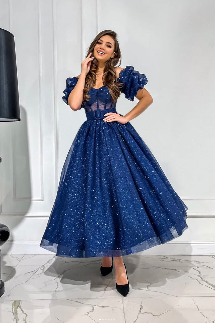 Luolandi Blue Puff Sleeve Tulle Tea Length Prom Dress Blue A-Line Party Dress Sparkly