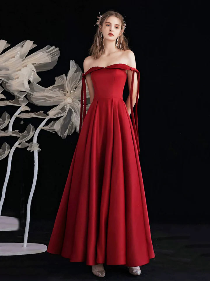 Luolandi Burgundy Satin Long Prom Dress Beautiful A-Line Off the Shoulder Evening Party Dress Sexy