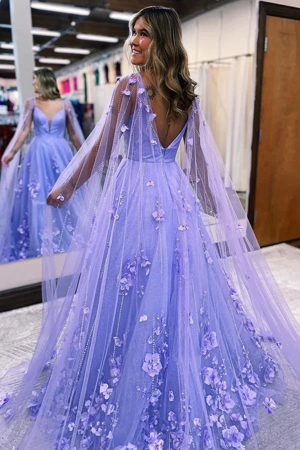 Luolandi A-Line Lavender 3D Floral Lace Long Prom Dresses with Train Beautiful Flowers