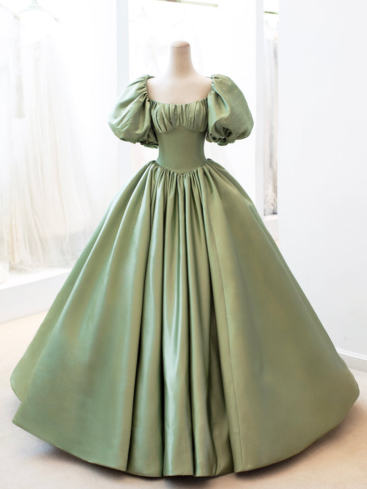 Luolandi Green Satin Formal Evening Gown with Puff Sleeve A-Line Long Prom Dress Beautiful