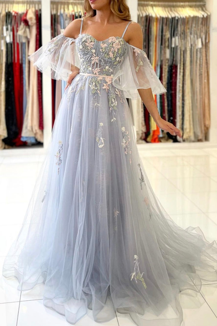 Luolandi Gray Spaghetti Strap Long Prom Dresses A-Line Evening Dress With Flowers