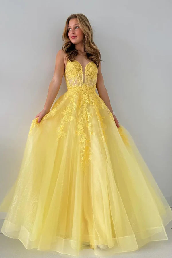 Luolandi A-Line V Neck Yellow Tulle Lace Long Prom Dresses with Appliques Beautiful
