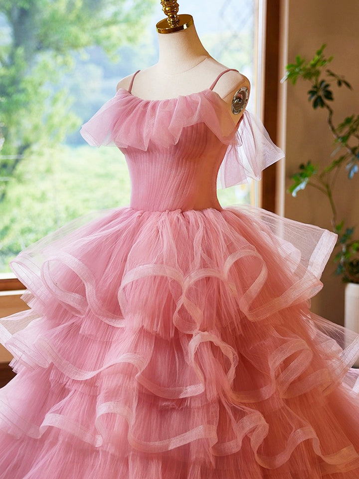 Luolandi Pink Tulle Layers Long A-Line Prom Dress Spaghetti Strap Sweet 16 Dress Evening Dress