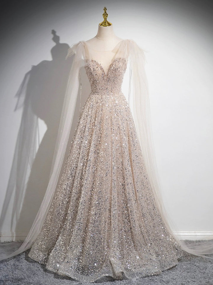Luolandi Champagne Tulle Sequins Long Prom Dress Sparkling A-Line Evening Party Dress Sexy