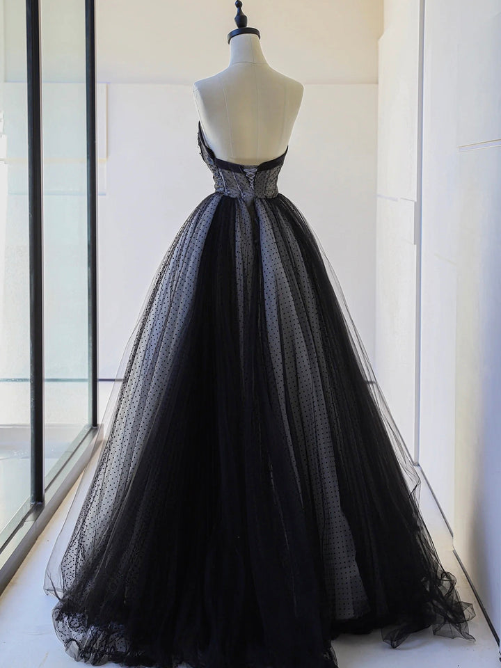 Luolandi Strapless Tulle Lace Long Prom Dress Black A-Line Sweetheart Neck Evening Party Dress