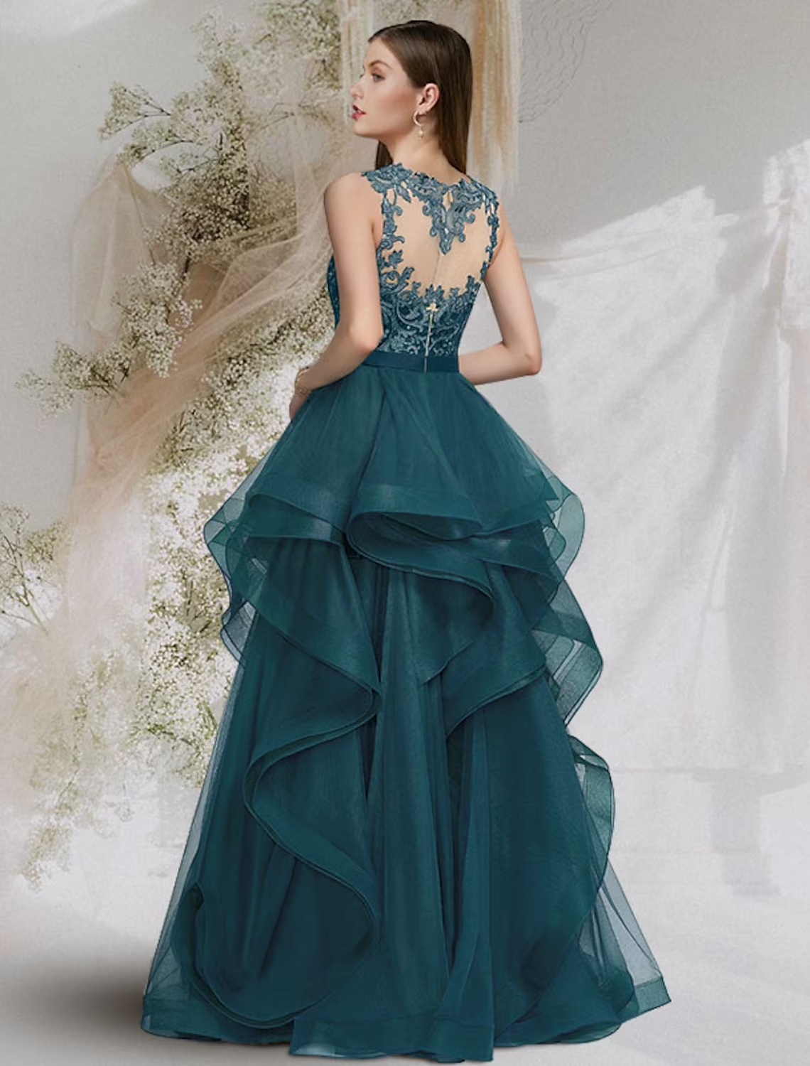 Luolandi Ball Gown Cut Out Sexy Prom Formal Evening Dress Jewel Neck Sleeveless Floor Length Tulle with Lace