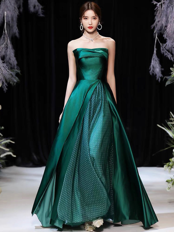 Luolandi Dark Green Satin Long Prom Dress Beautiful A-Line Strapless Evening Party Dress Off Shoulder
