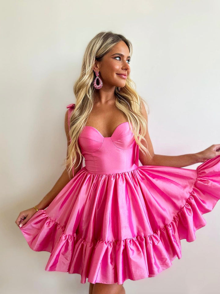 Luolandi Hot Pink Sweetheart Straps Sleeveless A Line Short Homecoming Dresses with Ruffle