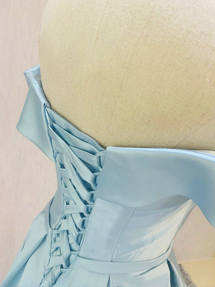Luolandi Simple Short Light Blue Satin Party Dress A-Line Off the Shoulder Evening Dress