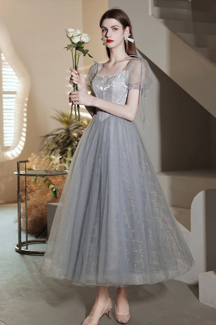 Luolandi Gray Tulle Beaded Tea Length Prom Dress A-Line Evening Dress Sparkly