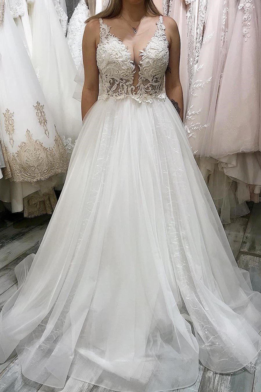 Luolandi Ball Gown Straps Lace Appliques A Line Chapel Train Wedding Dress with Appliques Sexy