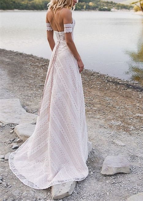 Luolandi Bohemian A Line Lace Sweetheart Sleeveless Wedding Dresses Off Shoulder