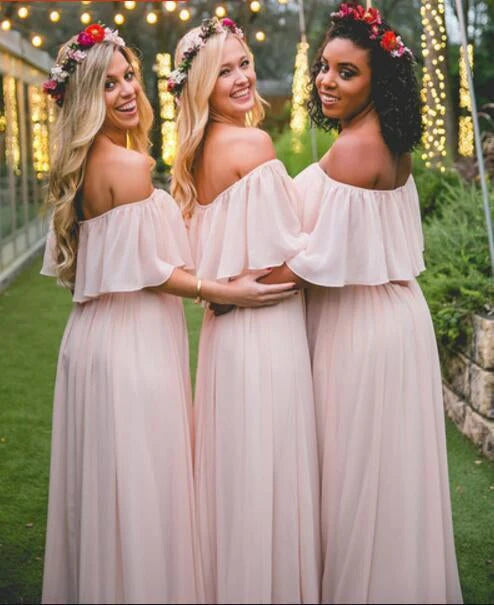 Luolandi A Line Long Chiffon Off the Shoulder Bridesmaid Dresses Charming Evening Party Dress