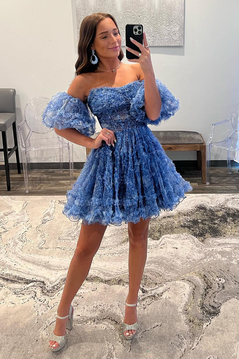 Luolandi Lovely A Line Off the Shoulder Printed Above Knee Homecoming Dresses with Ruffled Sweetheart Graduation Dress