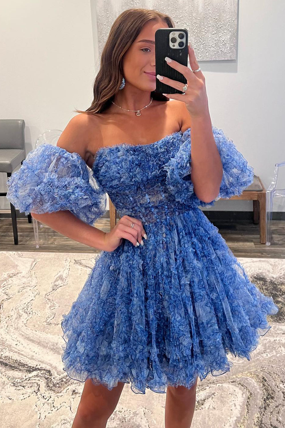 Luolandi Lovely A Line Off the Shoulder Printed Above Knee Homecoming Dresses with Ruffled Sweetheart Graduation Dress