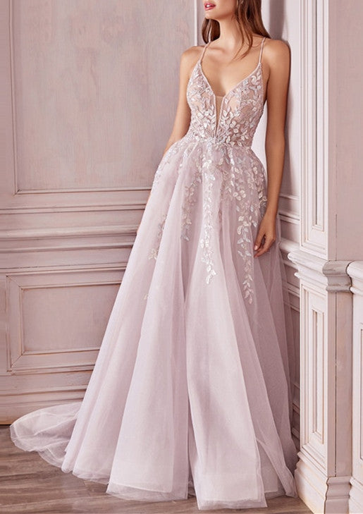 Luolandi A-Line/Princess Sleeveless V-Neck Floor-Length Applique Tulle Prom Dresses Beautiful