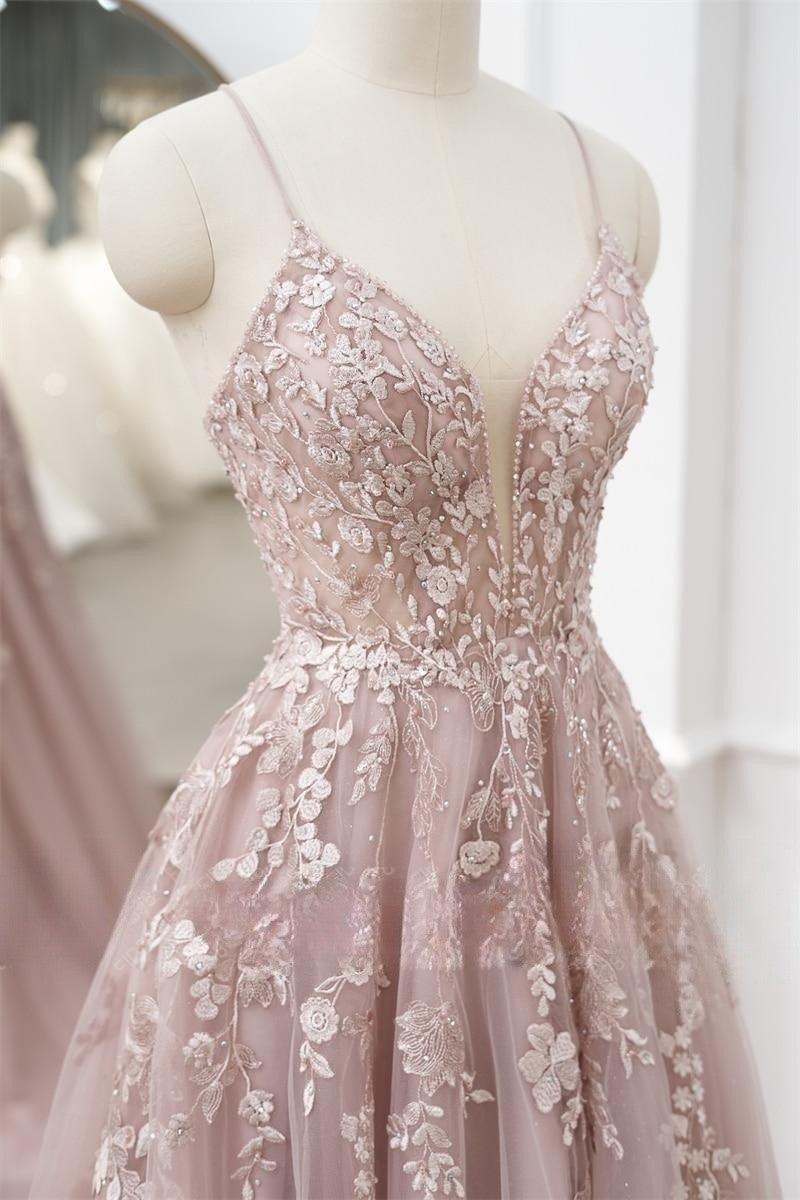 Luolandi A-Line/Princess Sleeveless V-Neck Floor-Length Applique Tulle Prom Dresses Beautiful
