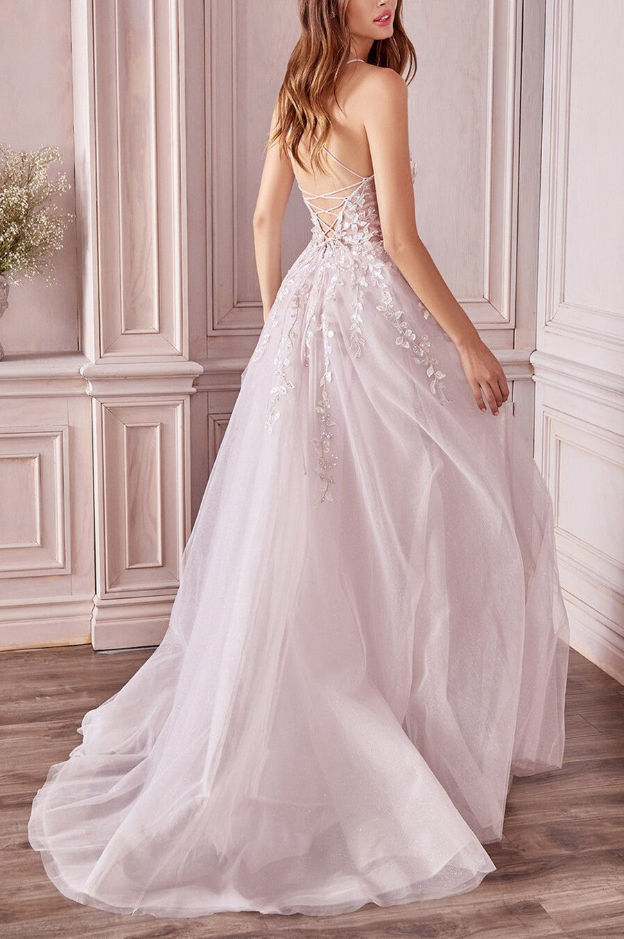 Luolandi A-Line/Princess Sleeveless V-Neck Floor-Length Applique Tulle Prom Dresses Beautiful
