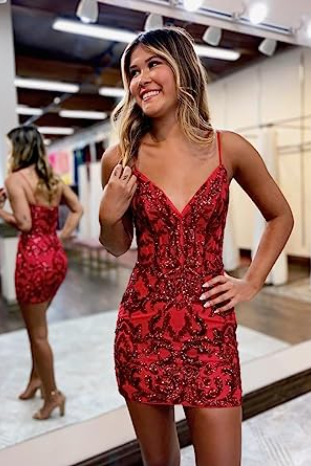 Luolandi A Line Red V-neck Sequin Spaghetti Straps Homecoming Dress Sexy