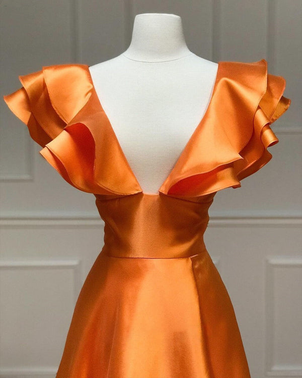 Luolandi Hot Pink V-Neck Ruffle A-Line Long Prom Dress Sexy Evening Dress Party Dress With Slit