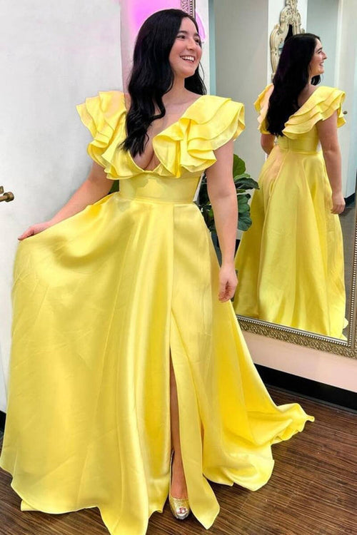 Luolandi Hot Pink V-Neck Ruffle A-Line Long Prom Dress Sexy Evening Dress Party Dress With Slit