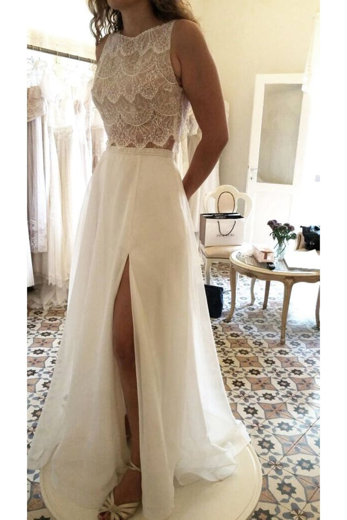 Luolandi A Line Scoop Chiffon & Lace Wedding Dresses With Slit Beautiful