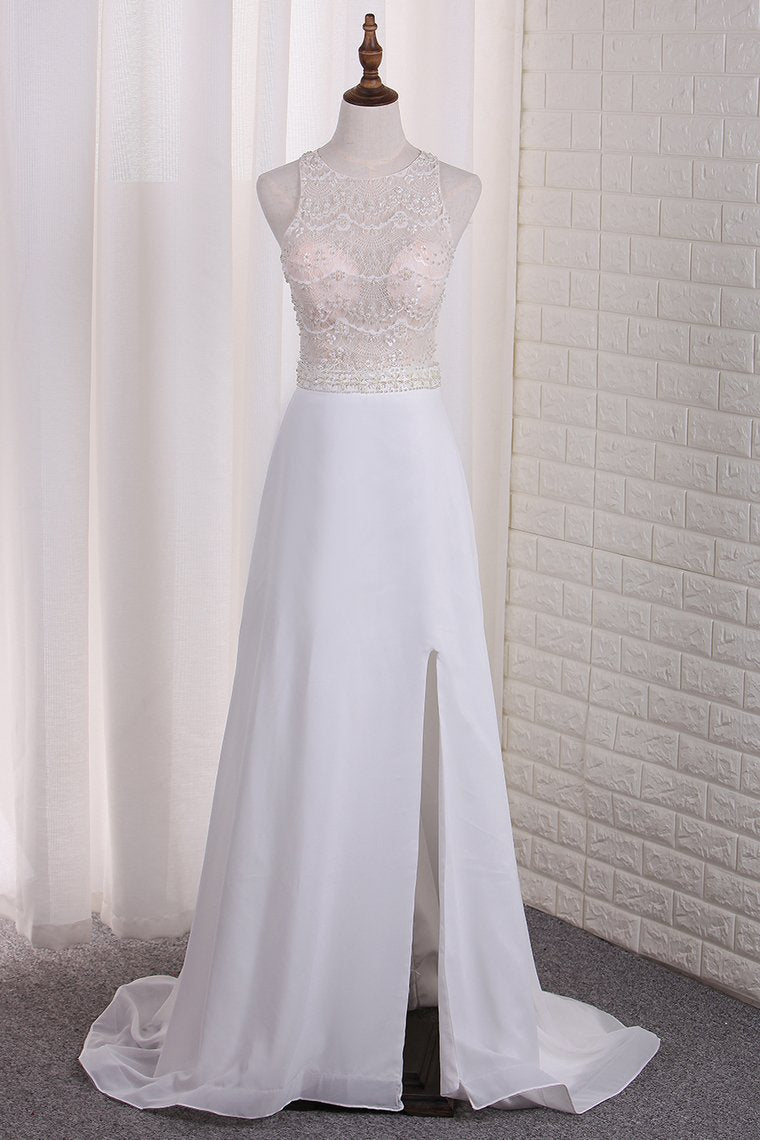 Luolandi A Line Scoop Chiffon & Lace Wedding Dresses With Slit Beautiful