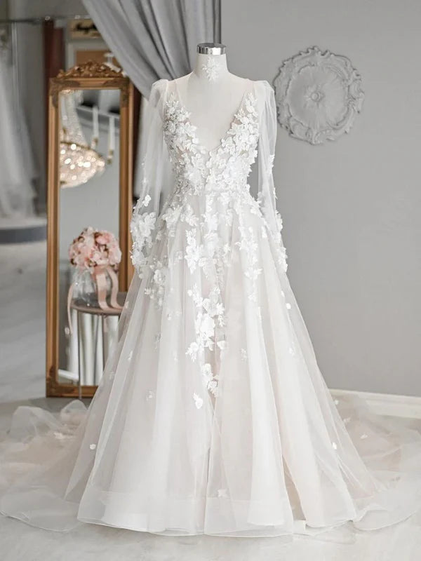 Luolandi A Line Beach Wedding Dresses See Through Long Sleeve Lace Appliqued Beautiful