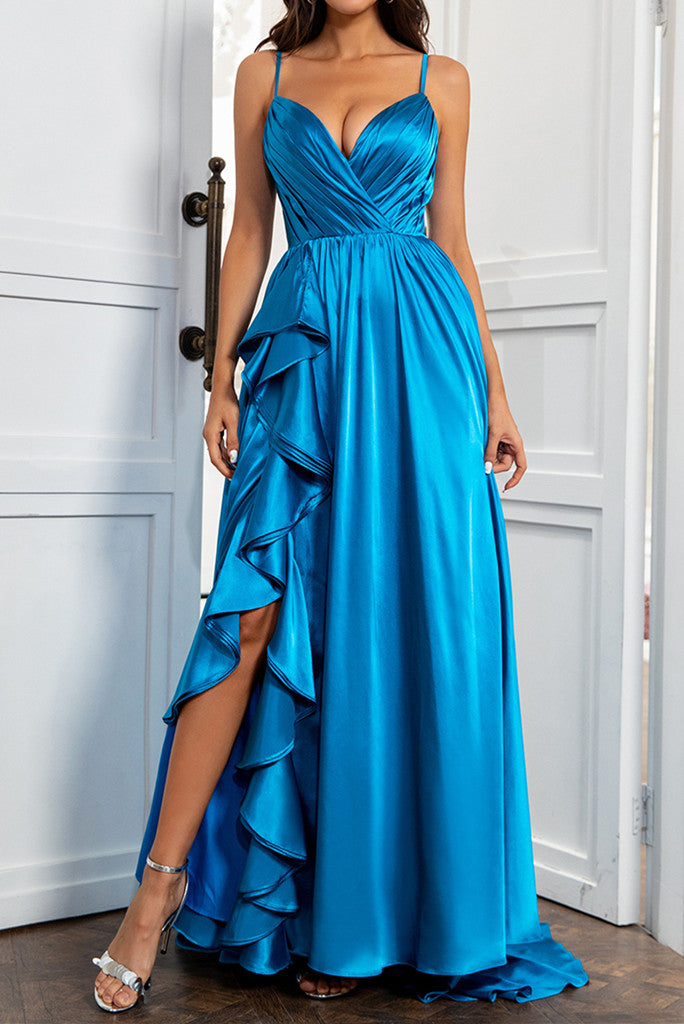 Luolandi A Line Spaghetti Straps Satin Prom Dresses With Slit And Flounced Sexy Evening Dresses