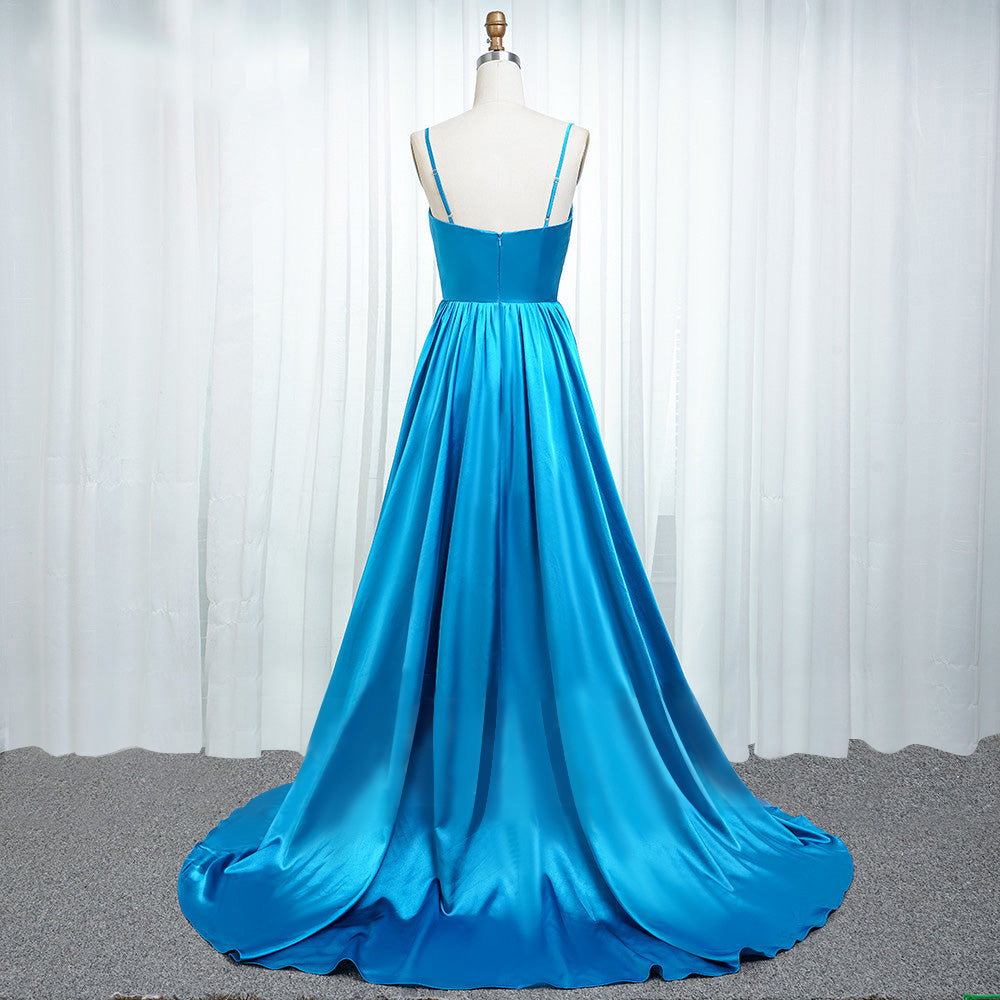 Luolandi A Line Spaghetti Straps Satin Prom Dresses With Slit And Flounced Sexy Evening Dresses