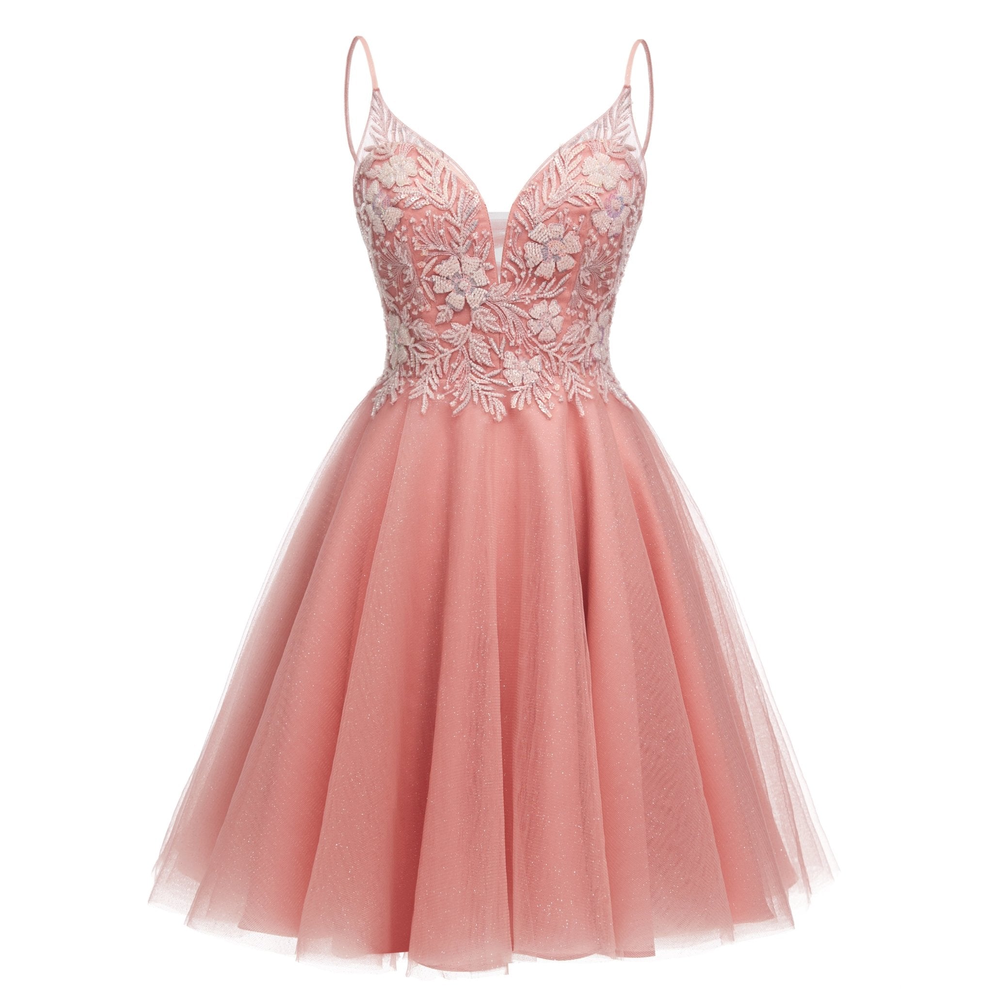 Luolandi A Line Spaghetti Straps V Neck Sleeveless Applique Tulle Homecoming Dress Beautiful