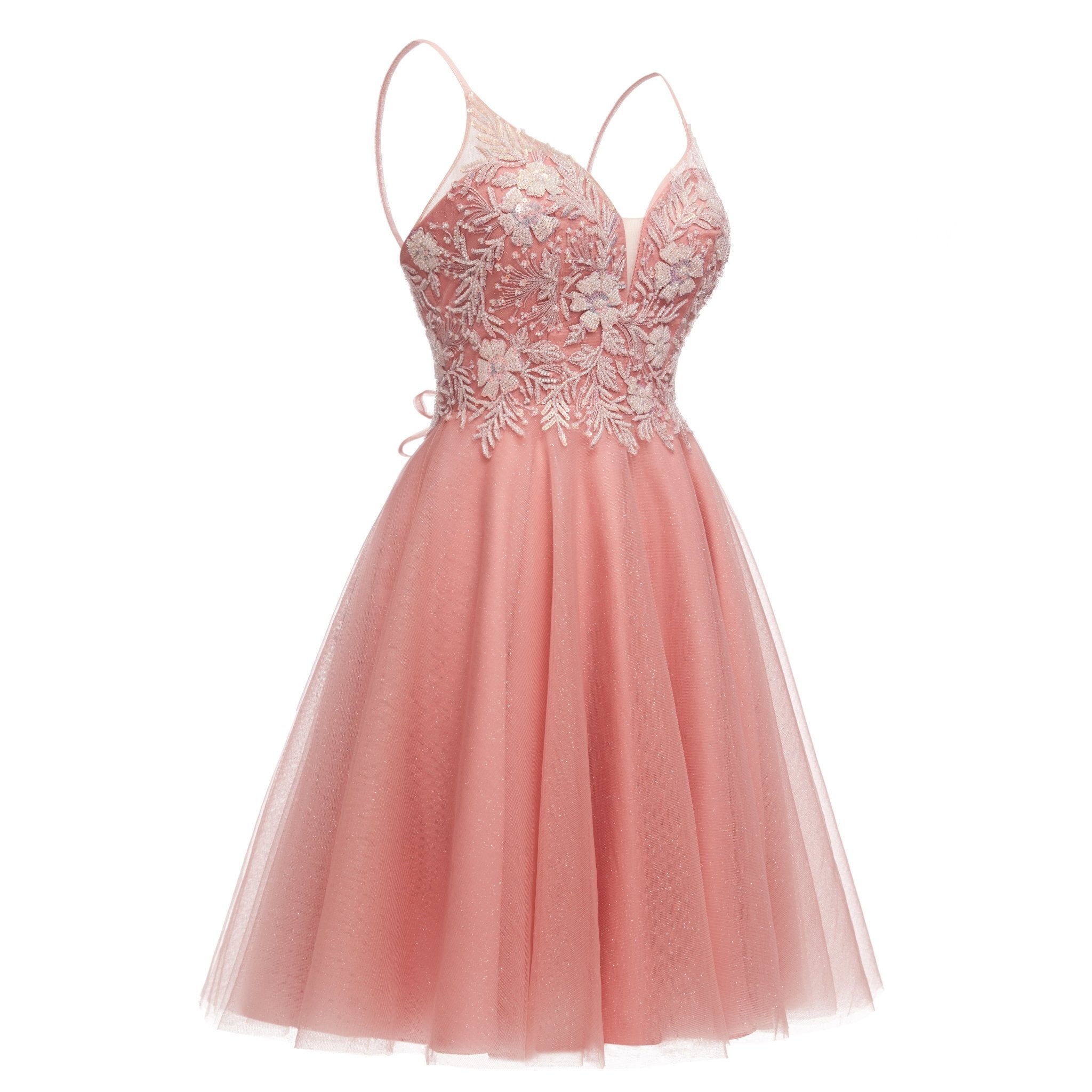 Luolandi A Line Spaghetti Straps V Neck Sleeveless Applique Tulle Homecoming Dress Beautiful