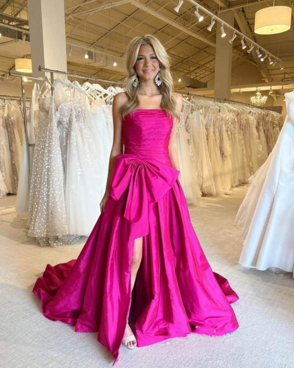 Luolandi A-line Strapless Taffeta Long Prom Dress With Slit Off Shoulder Party Dress Evening Dress With Bow