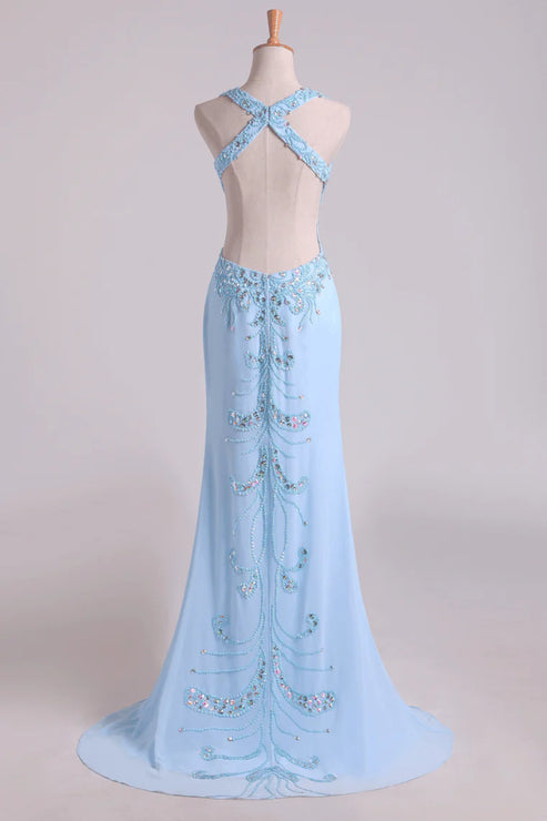 Luolandi A Line Halter Beaded Bodice Open Back Party Dresses Chiffon With Slit Sexy Evening Dress