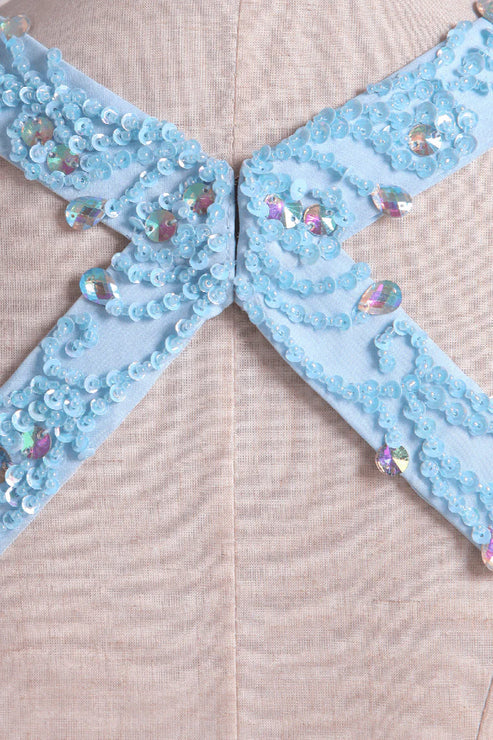 Luolandi A Line Halter Beaded Bodice Open Back Party Dresses Chiffon With Slit Sexy Evening Dress